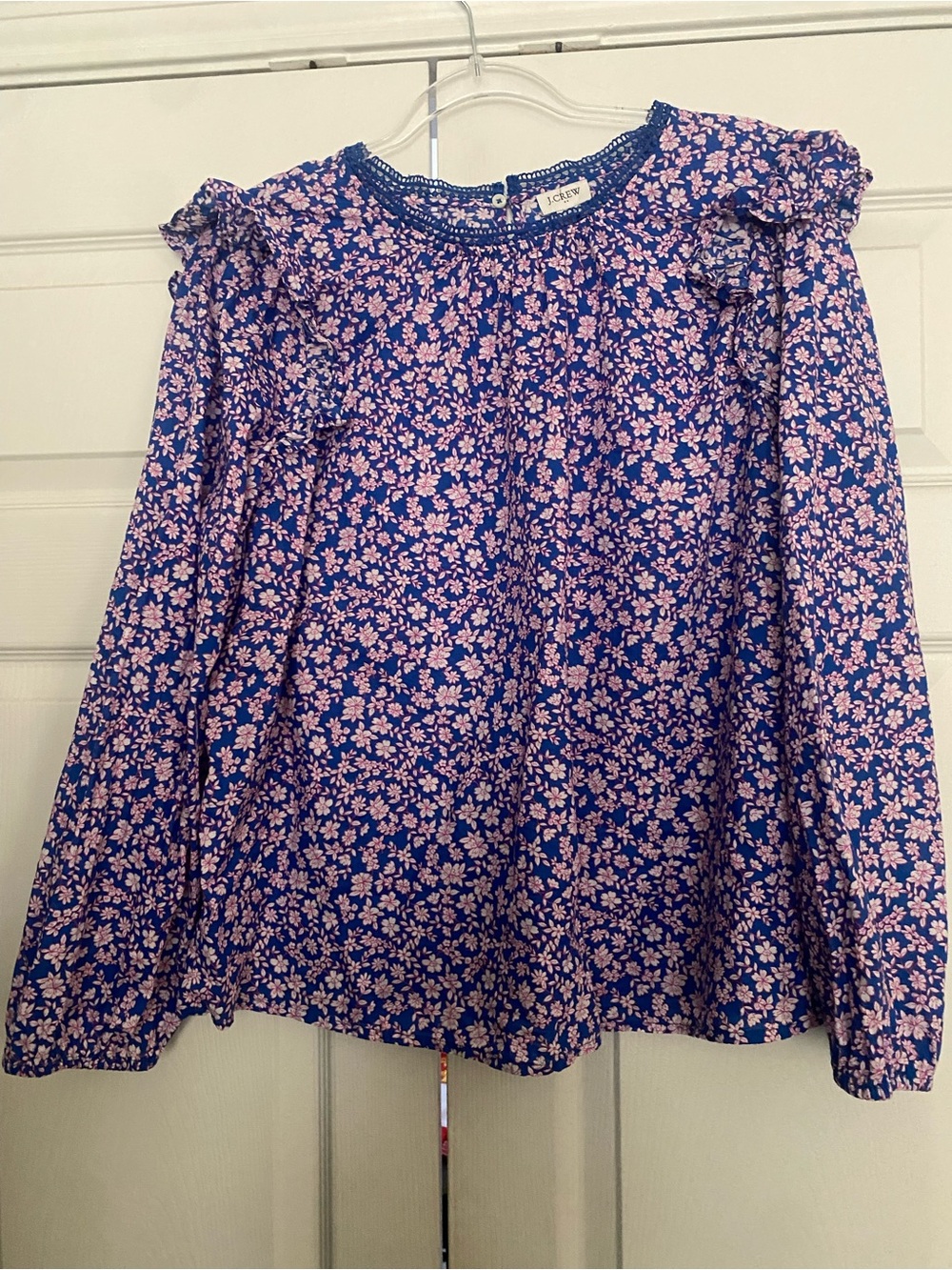 J. Crew Blue and Pink Floral Crochet-Trim Blouse